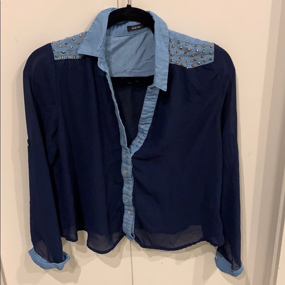 Poetry S Blue Button Down Blouse Gold Studs Shirt